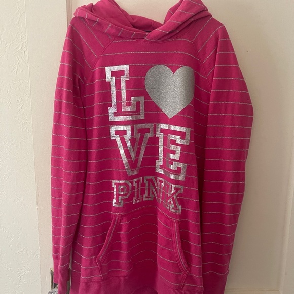 Vintage VS PINK Striped Pink And Silver Hoodie Size Medium Y2K - Picture 1 of 9